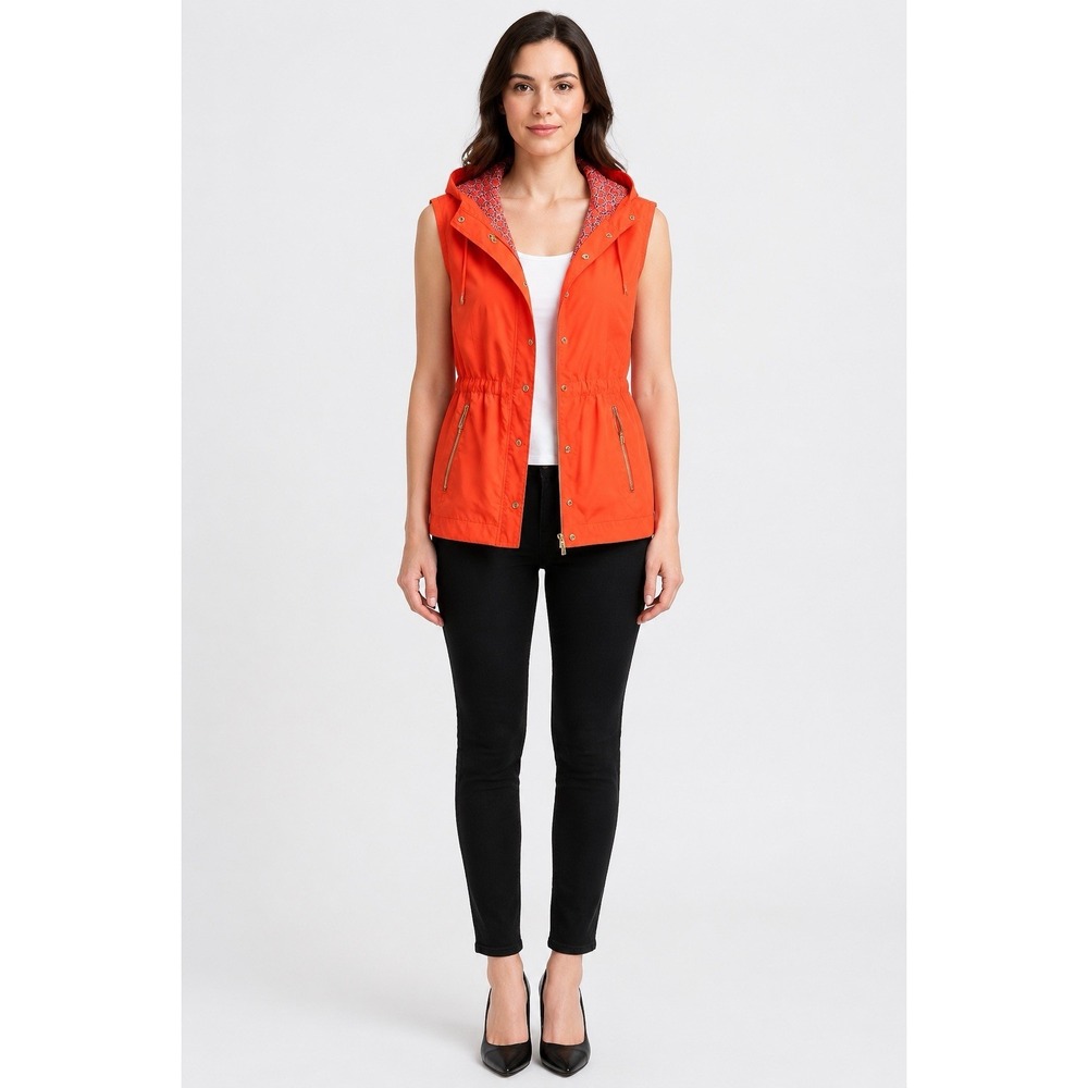 Casual Identity Women's Large Orange Hooded Utility Vest Zip Pockets Drawstring